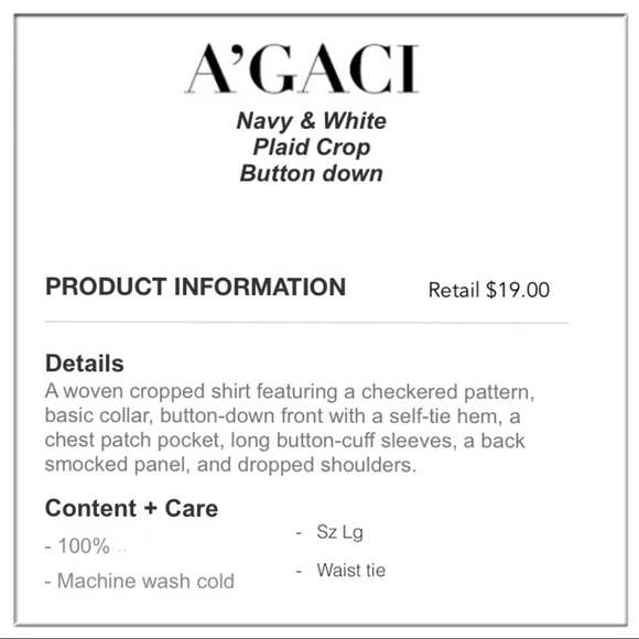 A’GACI Navy & white plaid crop button down - Picture 5 of 5